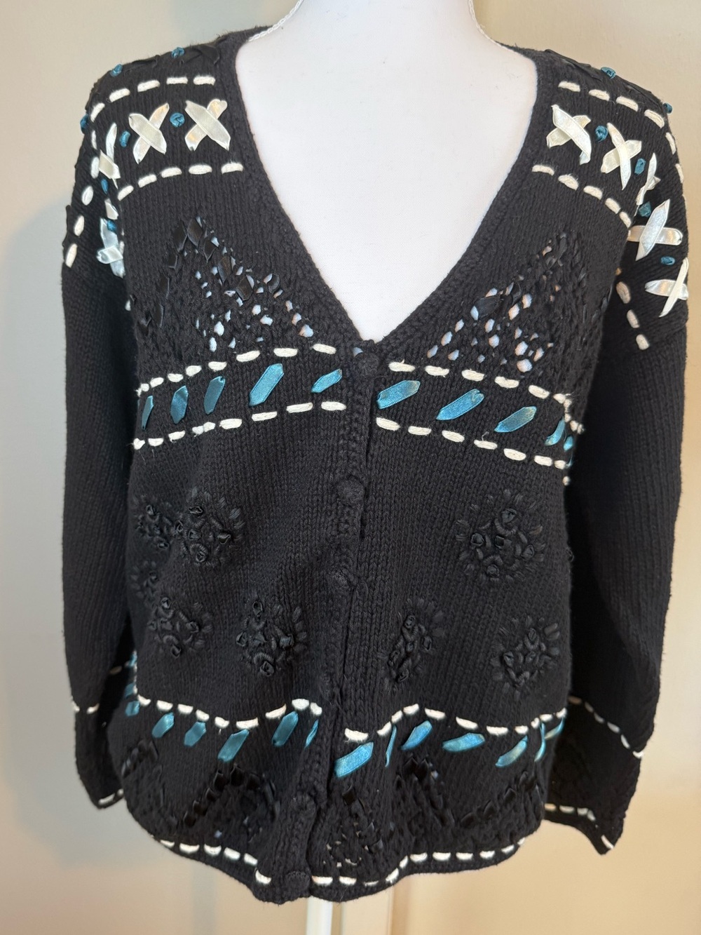 Vintage Sigrid Olsen Black Ribbon Embroidered Cardigan Sweater Medium